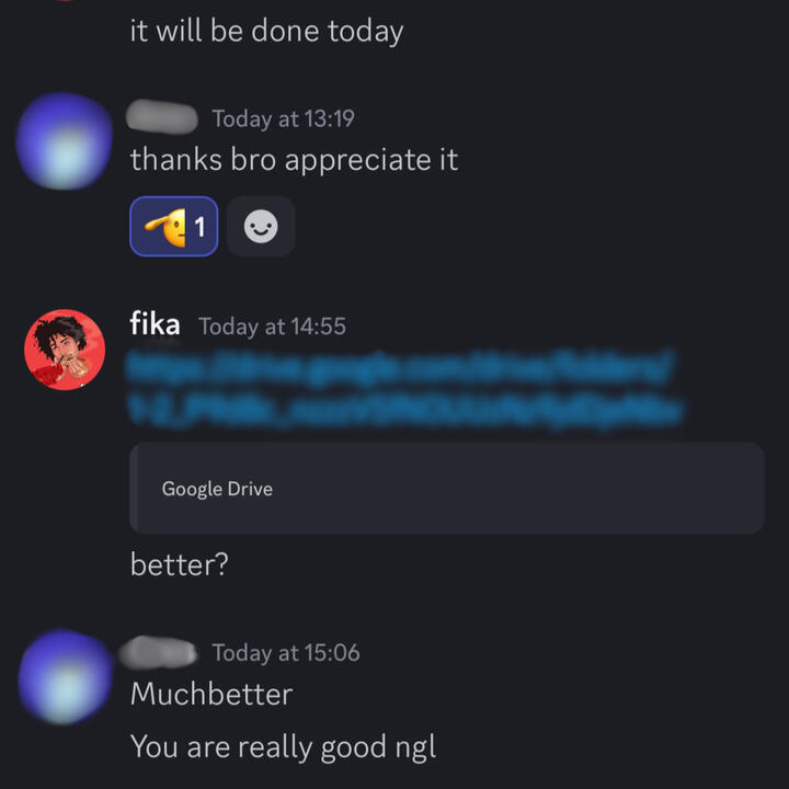 Client chat screenshot: praise for delivered edits (CLIENT_02 / CHAT LOG)