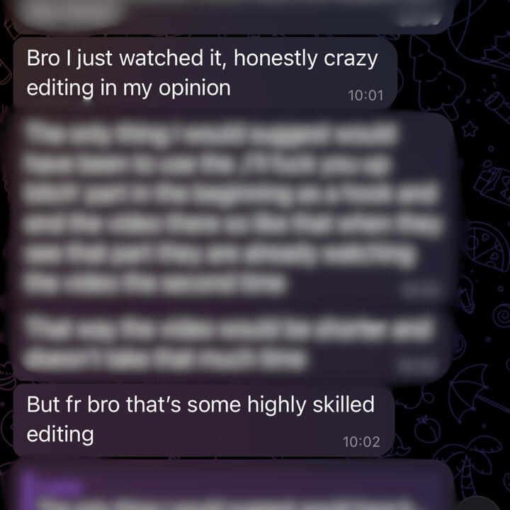 Client chat screenshot: praise for delivered edits (CLIENT_05 / CHAT LOG)